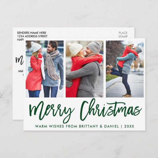 Modern groen penseelscript 3 Fotopaar kerstmis Briefkaart (Voorkant / Achterkant)