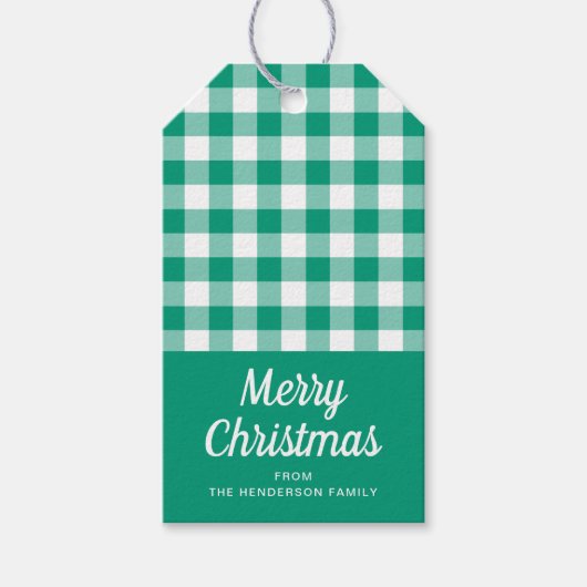 Modern Groen Plaid Script Vrolijk Kerstfeest Cadeaulabel (Voorkant)