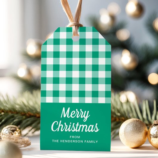 Modern Groen Plaid Script Vrolijk Kerstfeest Cadeaulabel