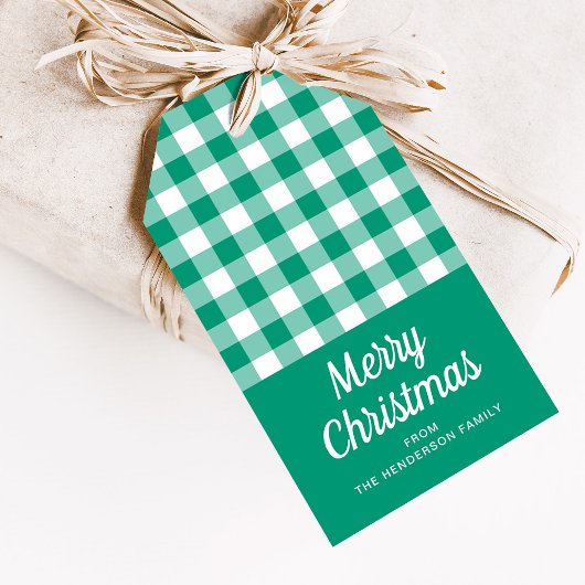 Modern Groen Plaid Script Vrolijk Kerstfeest Cadeaulabel