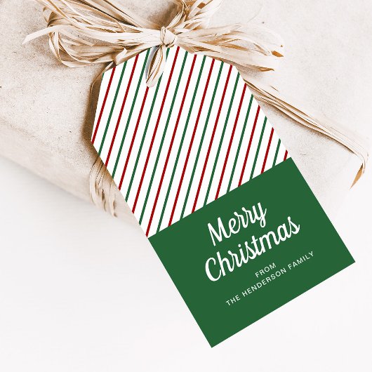 Modern Groen Rood Gestreept Kerstmis Cadeaulabel
