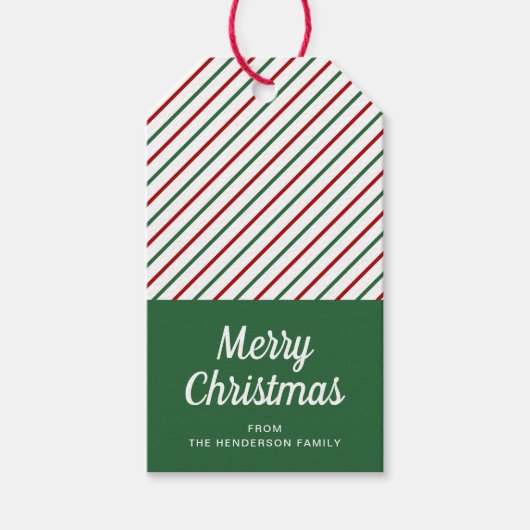 Modern Groen Rood Gestreept Kerstmis Cadeaulabel (Voorkant)