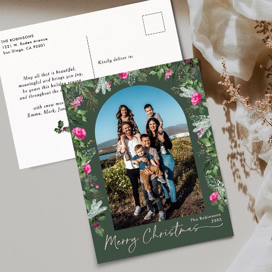 Modern Groen Roze Botanische Boog Vrolijk Kerstfee Briefkaart