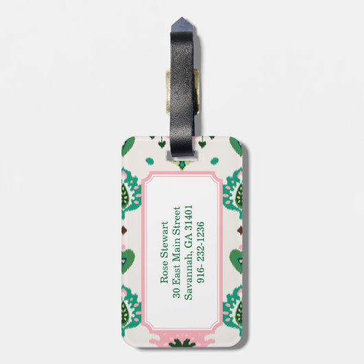 Modern groen roze girly ikat stammenpatroon bagagelabel (Achterkant verticaal)