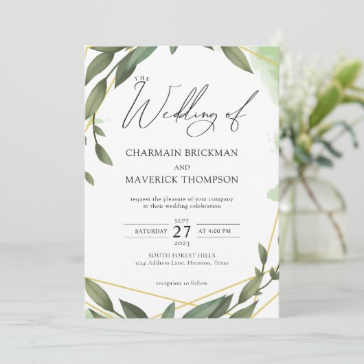 Modern groen Sage Groen Bruiloft Kaart (Staand voorkant)