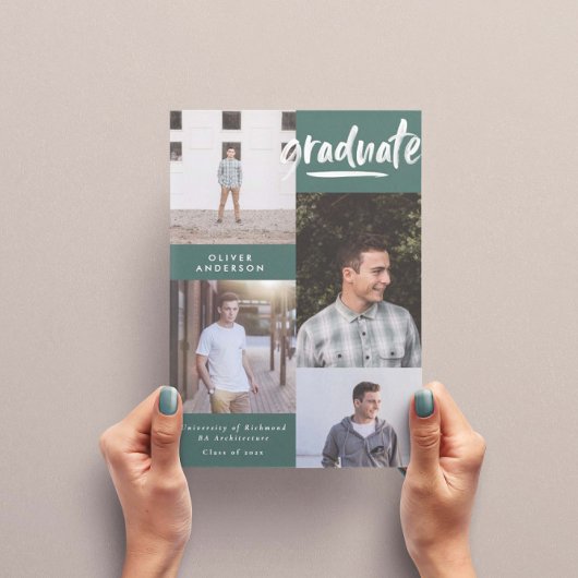 Modern groen script 4 foto stijlvol afstuderen kaart