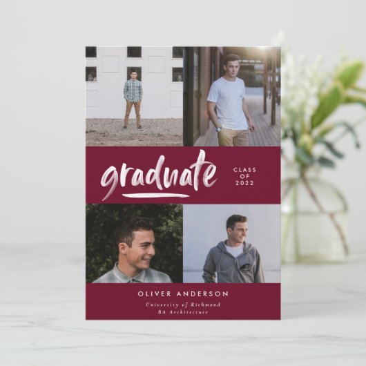 Modern groen script 4 foto's met afstuderen kaart (Staand voorkant)