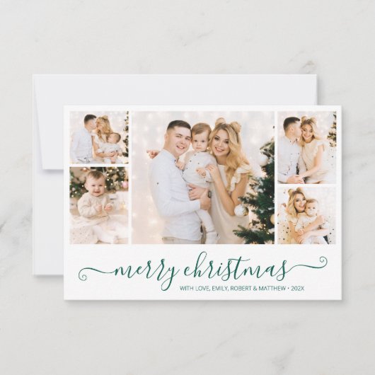 Modern Groen Script 5 Fotocollage Kerst Kaart (Voorkant)