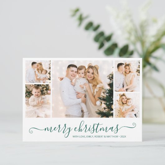 Modern Groen Script 5 Fotocollage Kerst Kaart (Staand voorkant)