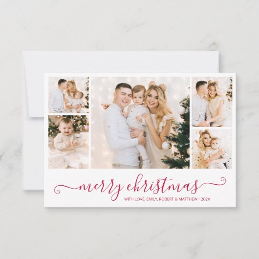 Modern Groen Script 5 Fotocollage Kerst Kaart (Voorkant)