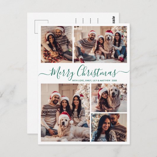 Modern Groen Script 5 Fotocollage Kerstmis Briefkaart (Voorkant / Achterkant)