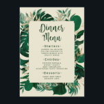 Modern groen tropische bladeren bruiloft diner menu<br><div class="desc">Tropisch gebladerte Trendy groen en bladeren Ingelijste gepersonaliseerde bruiloft receptie diner of feest 3 gangen maaltijden menu - met bruid en bruidegom namen, locatie, en datum. Perfect voor uw tafel setting decor! In een gewaagd kleurenpalet van rijke greens, smaragd en gouden folie look. Dit ontwerp is perfect voor een strand,...</div>