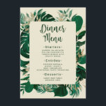 Modern groen tropische bladeren bruiloft diner menu<br><div class="desc">Tropisch gebladerte Trendy groen en bladeren Ingelijste gepersonaliseerde bruiloft receptie diner of feest 3 gangen maaltijden menu - met bruid en bruidegom namen, locatie, en datum. Perfect voor uw tafel setting decor! In een gewaagd kleurenpalet van rijke greens, smaragd en gouden folie look. Dit ontwerp is perfect voor een strand,...</div>