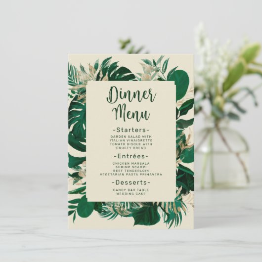 Modern groen tropische bladeren bruiloft diner menu (Staand voorkant)