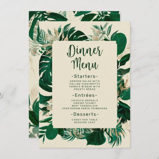 Modern groen tropische bladeren bruiloft diner menu (Voorkant / Achterkant)