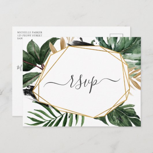 Modern groen Tropische bruiloft RSVP Uitnodiging Briefkaart (Voorkant / Achterkant)
