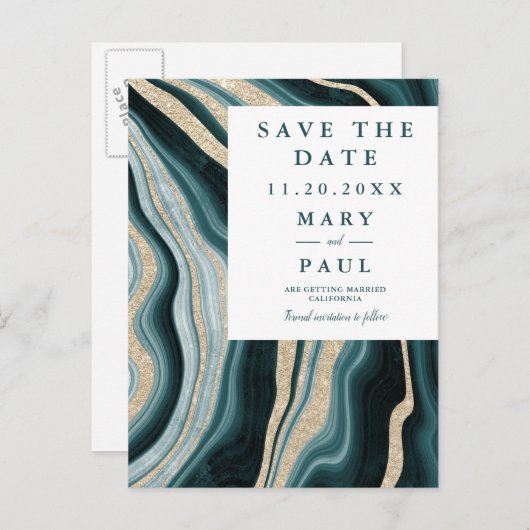 Modern groen turquoise agaat marmer de datum opsla aankondigingskaart (Voorkant / Achterkant)