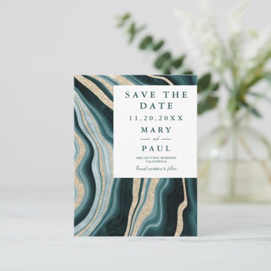Modern groen turquoise agaat marmer de datum opsla aankondigingskaart (Staand voorkant)