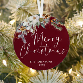 Modern groen Vrolijk Kerstfeest Familie Foto Rood Metalen Ornament