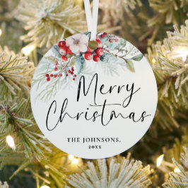 Modern groen Vrolijk kerstfeest Familiefoto Metalen Ornament