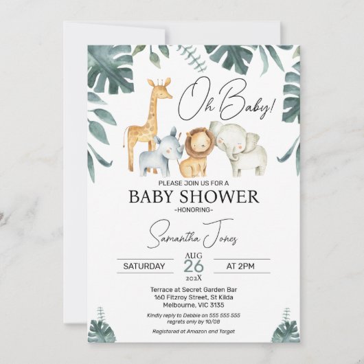 Modern groen Waterverf Safari Baby shower Kaart (Voorkant)