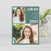 Modern groen wit 3 foto's afstuderen kaart (Staand voorkant)