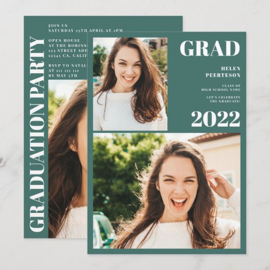 Modern groen wit 3 foto's afstuderen kaart (Voorkant / Achterkant)