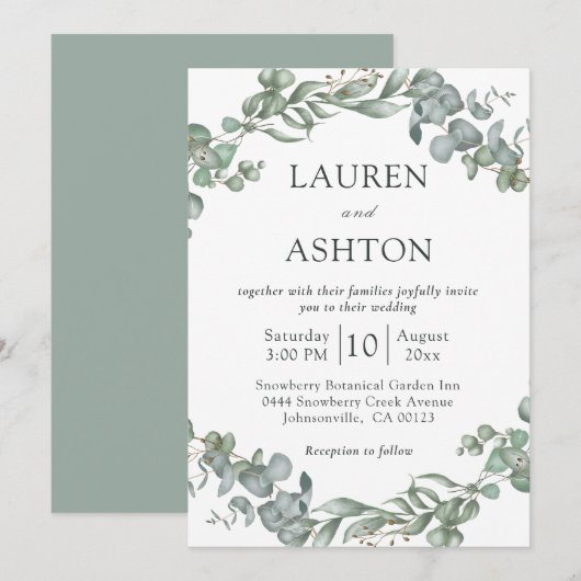 Modern groen wit en salie eenvoudige bruiloft kaart (Voorkant / Achterkant)