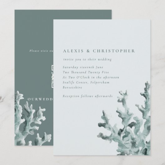 Modern groen Zee Coral Wedding Kaart (Voorkant / Achterkant)