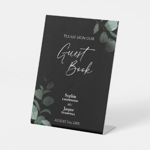 Modern groen zwart bruiloft gast boek teken reclamebord met voetstuk