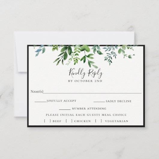 Modern groen zwart bruiloft RSVP Maaltijd keuze (Voorkant)