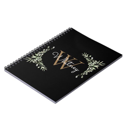 Modern groen zwart goud monogram scriptnaam notitieboek (Linkerzijde)