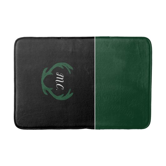 Modern Groen Zwart Hertengewei Monogram Badmat (Voorkant)