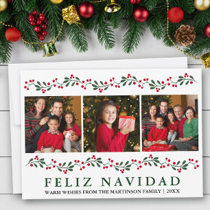Modern Groene Bessen Feliz Navidad 3 Foto Feestdagenkaart