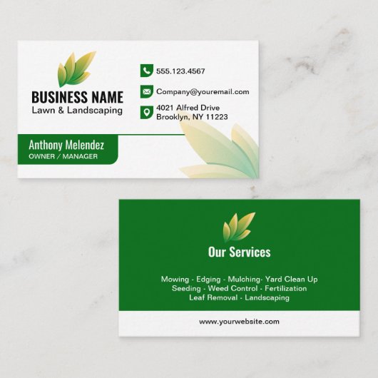 Modern Groene Blad Landschapsarchitectuur Logo Visitekaartje (Voorkant / Achterkant)