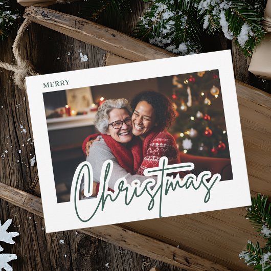 Modern groene script Prettig kerstfeest foto Briefkaart