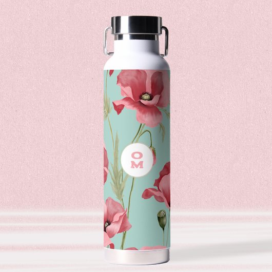 Modern Groot Roze Poppy Wildflower Monogram Waterfles