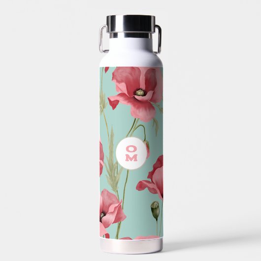 Modern Groot Roze Poppy Wildflower Monogram Waterfles (Voorkant)