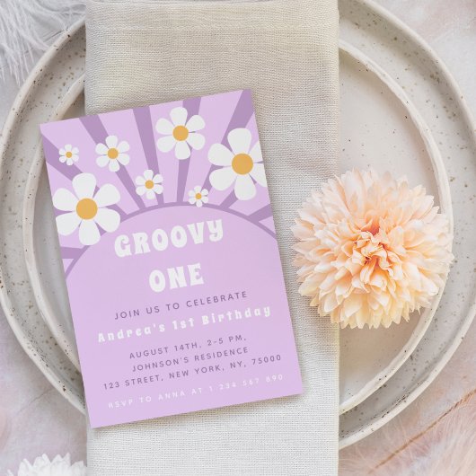 Modern Groovy One Retro Sunshine First Birthday Kaart