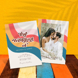 Modern Groovy Retro 70's Wavy Lines Foto Wedding Kaart