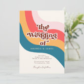 Modern Groovy Retro 70's Wavy Lines Foto Wedding Kaart (Staand voorkant)