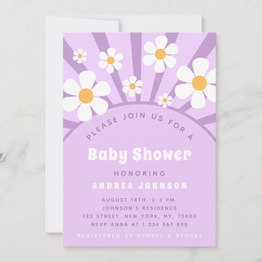 Modern Groovy Retro Pink Paars Daisy Baby shower Kaart (Voorkant)