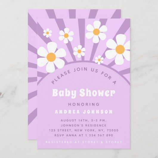 Modern Groovy Retro Pink Paars Daisy Baby shower Kaart (Voorkant / Achterkant)