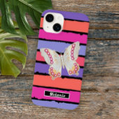 Modern groovy stripes monogrammed butterfly retro  Case-Mate iPhone case