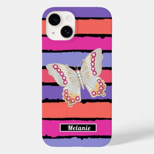 Modern groovy stripes monogrammed butterfly retro  Case-Mate iPhone case (Achterkant)