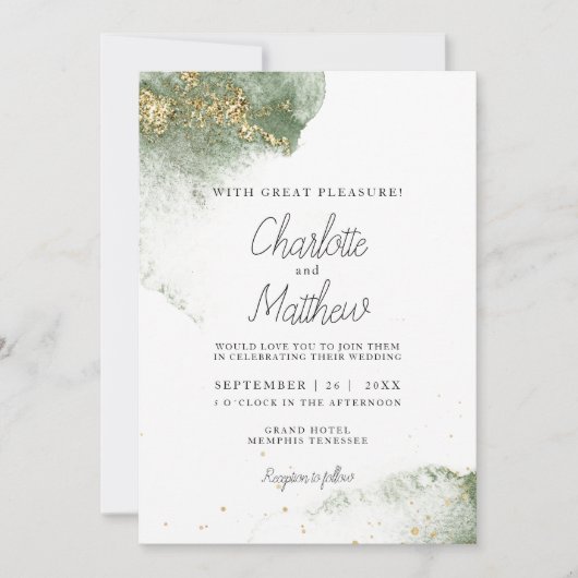 Modern Grün Gold ( Imitat) Watercolour Kleckse Kaart (Voorkant)