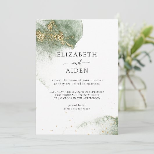 Modern Grün Gold ( Imitat) Watercolour Kleckse Kaart (Staand voorkant)