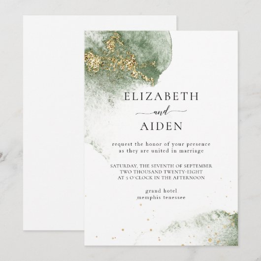 Modern Grün Gold ( Imitat) Watercolour Kleckse Kaart (Voorkant / Achterkant)