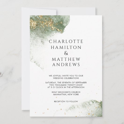 Modern Grün Gold ( Imitat) Watercolour Kleckse Kaart (Voorkant)