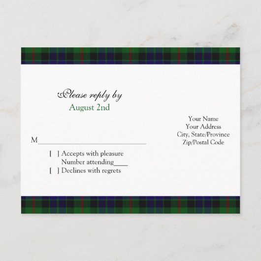 Modern Gunn Tartan Wedding RSVP Reply Briefkaart (Achterkant)
